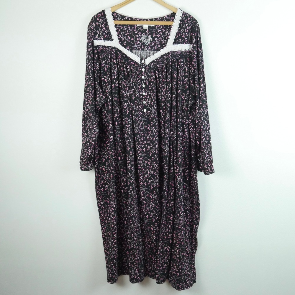 Eileen West Nightgown 3X Black Floral Cotton Modal Jersey Knit Modest Cottage